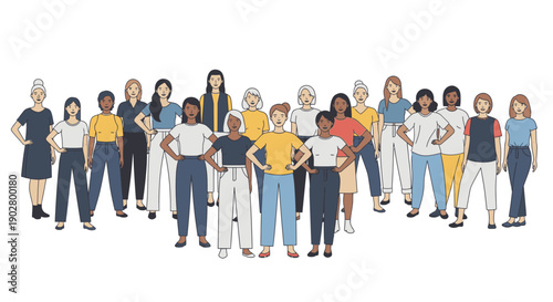 A diverse group of women standing together, showcasing unity and strength in a minimalist illustration.