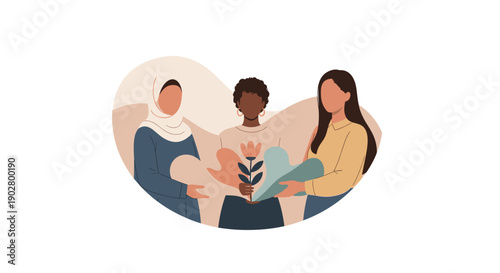 Diverse group of three women from different backgrounds holding abstract plant shapes, symbolizing unity and collaboration.