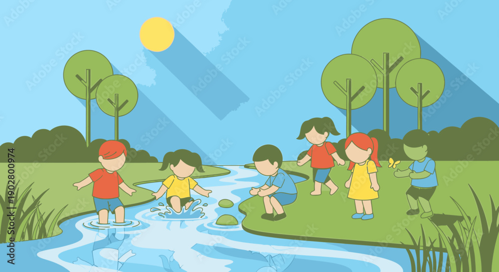 Naklejka premium Cartoon illustration of happy children playing in a shallow river on a sunny day in a green park with trees.