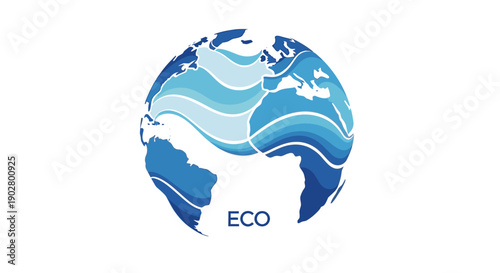 Stylized blue globe with wavy ocean patterns and landmasses of the Americas, Africa, and Europe, featuring the word ECO at the bottom.