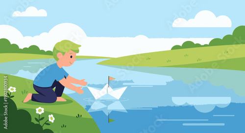 A young boy launches a handmade paper boat into a calm river on a sunny day in a lush green landscape.