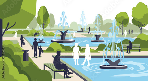 An illustration of a vibrant public park featuring multiple water fountains, lush green trees, and various people enjoying leisure activities like walking and sitting on benches.