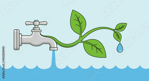 Illustration depicting a faucet with water flowing into a pool, while a green plant grows from the spout, symbolizing water conservation and nature's reliance on water.