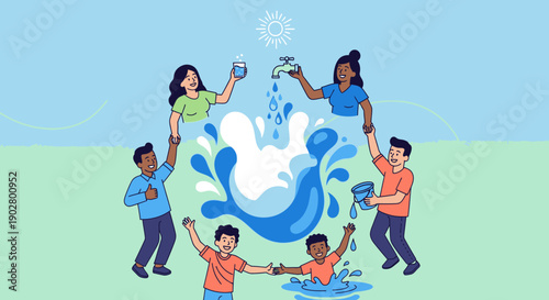 Diverse group of people collaborating around a central water splash, symbolizing water conservation, community effort, and global access.