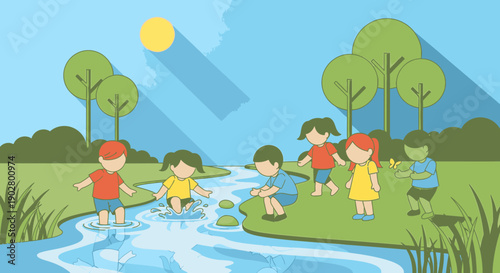 Cartoon illustration of happy children playing in a shallow river on a sunny day in a green park with trees.