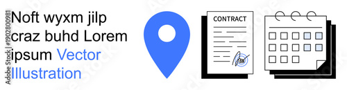 Business contracts, location services, schedule planning, appointment setting, event organization, logistics management. Blue location pin, signed contract calendar icon. Business contracts
