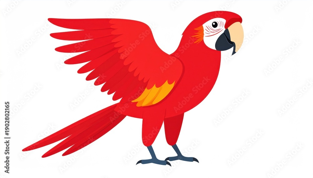 Fototapeta premium Vibrant cartoon illustration of a macaw with outstretched wing, red plumage, and white background