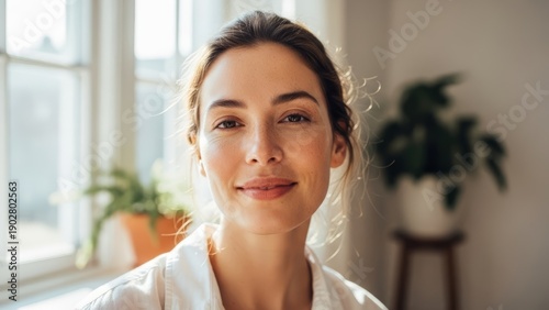 Woman closeup smiling sincerely with a happy expression in a natural light setting. Emotion of joy and wellbeing for lifestyle and beauty advertising.