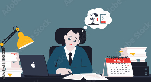 Modern flat vector illustration of office burnout, stressed employee at desk with stacks of documents, minimalist cartoon style, soft color palette.