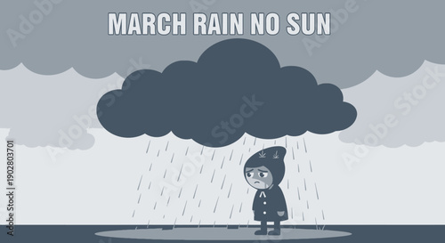 Lonely Cartoon Character Standing in Rain.