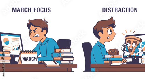 Man Concentrating on Work versus Distraction.