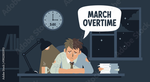 Man Working Late at Office Desk.