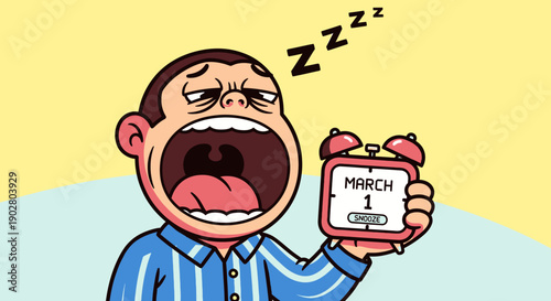 Man Yawning and Holding Alarm Clock.