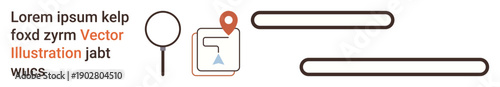 Navigation tools, location search, user interface elements, wayfinding, map services, digital tools. Map pin icon with magnifying glass and placeholder text. Navigation tools, location search
