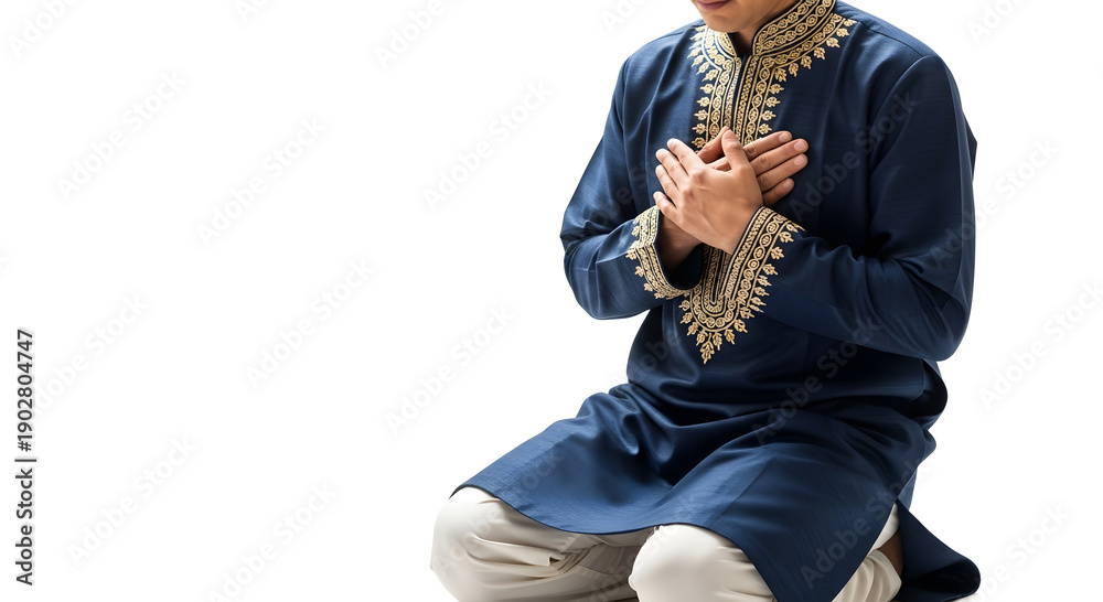 Naklejka premium Man in Traditional Blue Attire with Gold Embroidery Kneeling in Prayer or Meditation, Expressing Spirituality, Devotion, and Cultural Reverence on White Background
