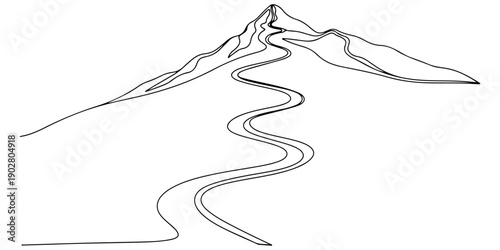 Continuous one line of a mountain path leading upward, perseverance symbolism, drawn illustration.
