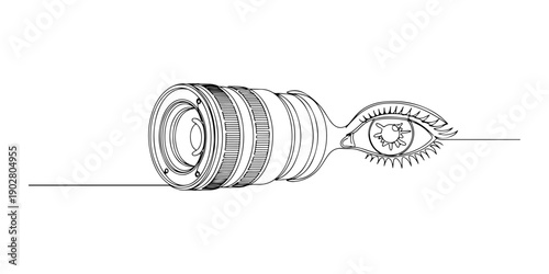 Continuous one line of a camera lens transforming into an eye, perception and vision, drawn illustration.