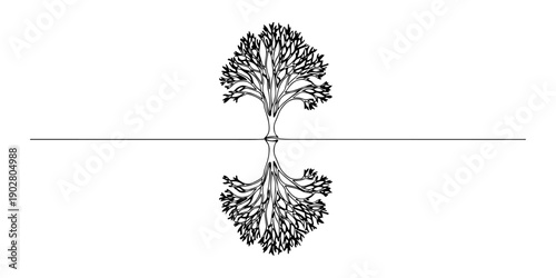 Continuous one line of a tree reflected in water, balance and calm theme, drawn illustration.