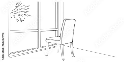 Continuous one line of a chair beside a window, quiet solitude concept, drawn illustration.