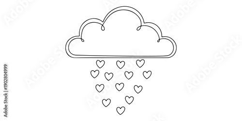 Continuous one line of a cloud raining small hearts, kindness symbolism, drawn illustration.
