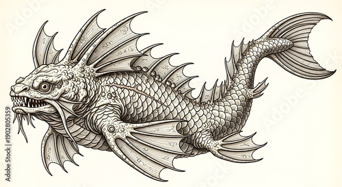 Intricate Vintage Engraving Style Drawing of a Mythical Sea Monster with Scales, Fins, and Sharp Teeth, Fantasy Creature Illustration