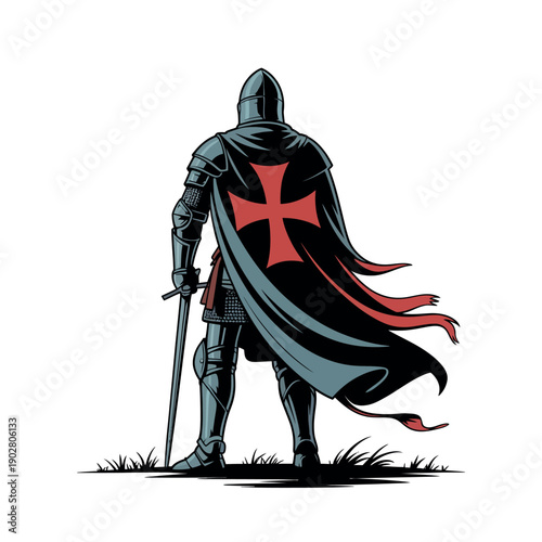 A medieval knight in armor stands proudly with a sword and a flowing cape featuring a red cross.
