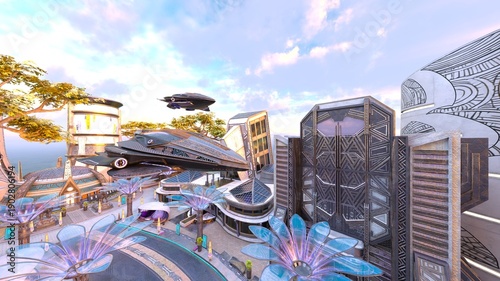 未来都市の風景　3DCGレンダリング
