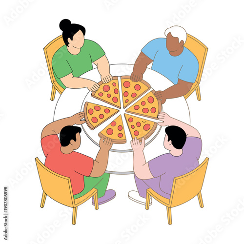 A diverse group of people sitting around a table enjoying slices of pizza together in a casual setting.