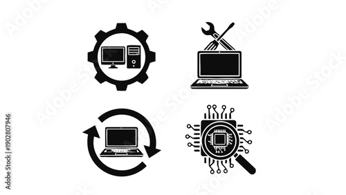 Vector illustration of computer repair, maintenance, diagnostics, and service icons on transparent background
