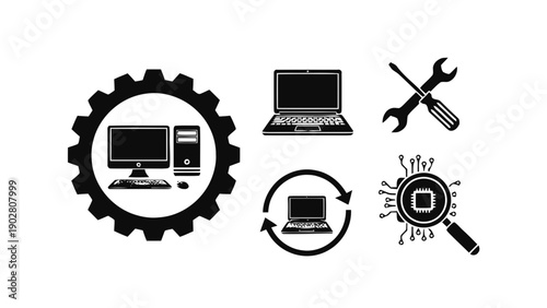 Vector illustration of computer service, repair, and tech support icons on transparent background