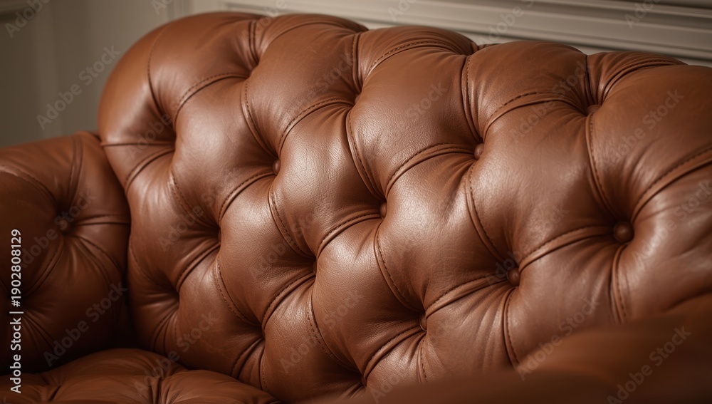 Naklejka premium Close-up of upscale brown leather sofa upholstery featuring buttons. Furniture style. Natural leather with diamond stitching. Elegant classic interior texture and vintage material