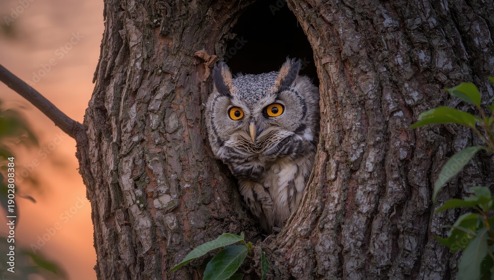 Obraz premium At dawn, a hidden Eurasian scops owl emerges from a tree cavity, revealing its large yellow eyes. Nature scene