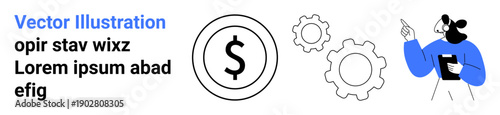 Business analysis, finance management, teamwork, process optimization, ideas presentation, data evaluation. A dollar sign, gears and a person holding a clipboard. Business analysis and finance