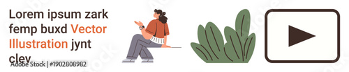 Media, streaming, lifestyle, relaxation, video content, digital communication. Woman sitting with plants and a play button icon. Media and streaming concepts are