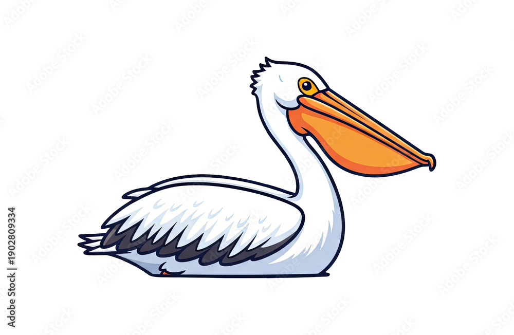 Obraz premium Side profile of a cartoon pelican with large orange beak and white feathers