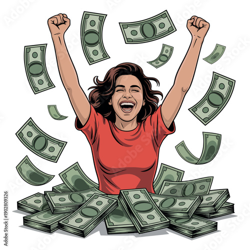 A joyful woman celebrating a big win with money falling around her.