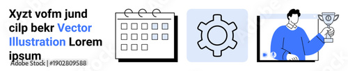 Calendar for planning, gear for process, and man with trophy for success. Ideal for productivity, teamwork, planning, innovation, success, goal-setting simple landing page