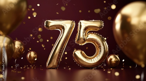 Gold Number 75 Balloon Decoration with Party Elements and Confetti