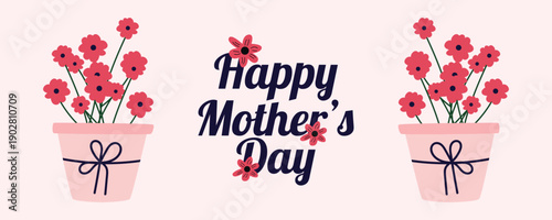 Mothers Day greeting card banner with flowers in pots illustration