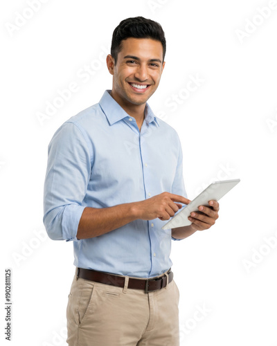 Professional man in casual business attire using a tablet computer