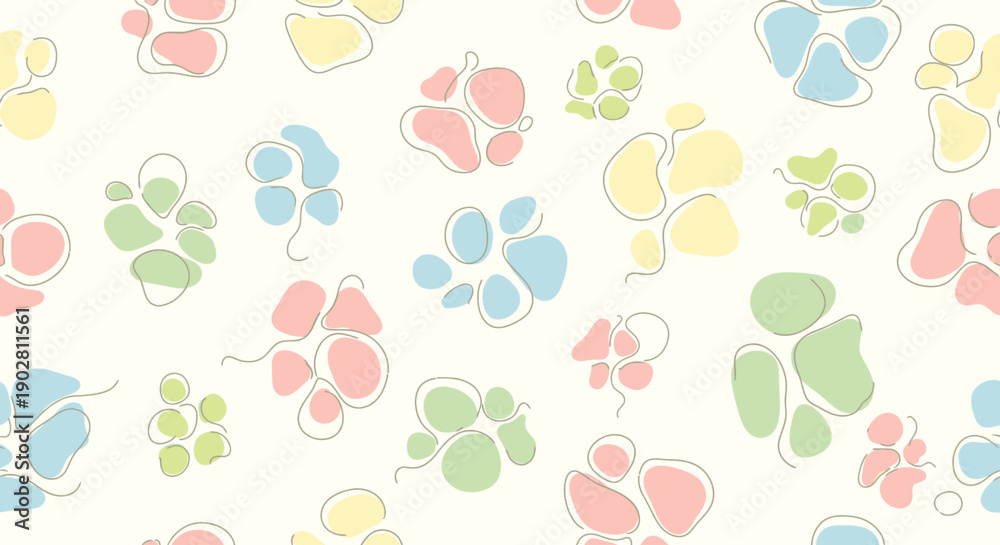 Fototapeta premium Seamless pattern featuring stylized pastel colored animal paw prints on a light background, perfect for baby or pet-themed designs.