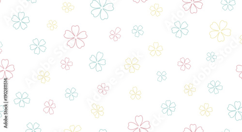 Seamless pattern of delicate pastel outlined flowers scattered on a white background, creating a gentle and decorative floral design.