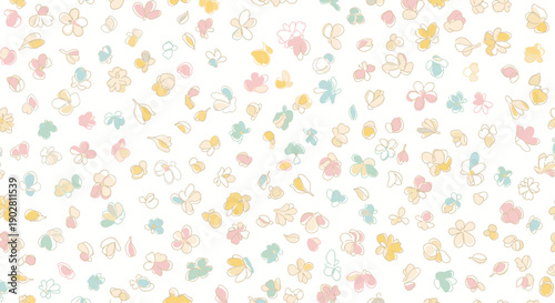 A delicate and whimsical seamless pattern featuring scattered pastel-colored hand-drawn flowers and leaves on a clean white background, perfect for spring designs.