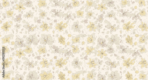 Seamless floral pattern with small, scattered flowers in muted beige, yellow, and grey tones on a light background, creating a delicate and vintage aesthetic.