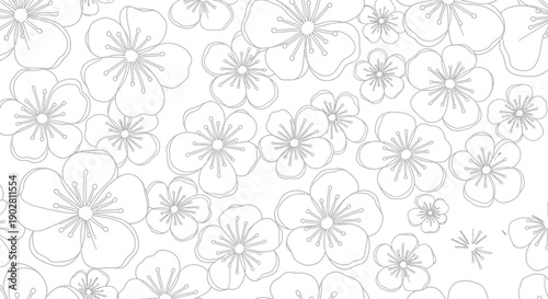 Seamless pattern of delicate white outline flowers on a clean white background, creating a minimalist and elegant floral design.