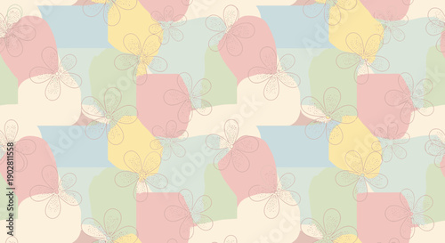 Soft pastel colored abstract shapes with subtle floral swirls creating a gentle seamless decorative pattern.