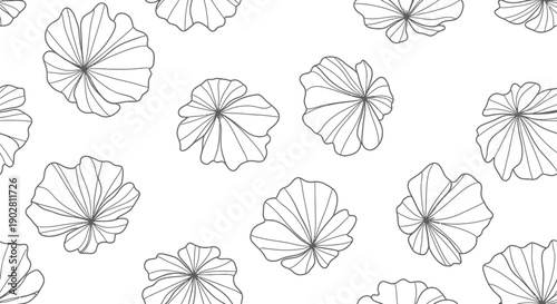 Seamless pattern of delicate line art floral outlines on a white background, featuring abstract flower or leaf shapes in a minimalist style.