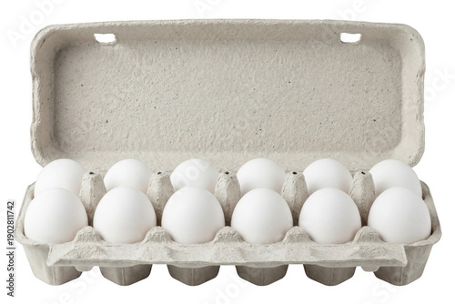 Open carton of one dozen white eggs, studio shot on dark setting