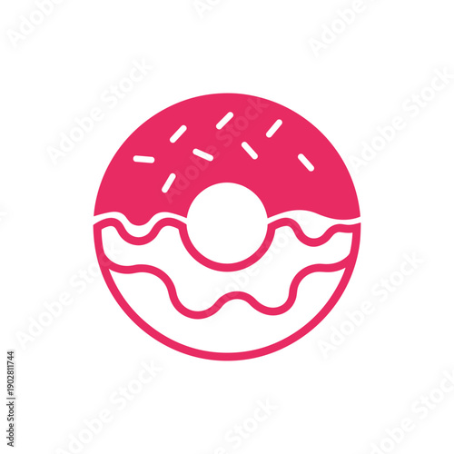 Pink donut illustration with sprinkles and a hole, delicious dessert concept.