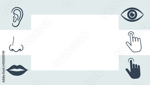 Vector illustration of facial features and hand icons for design elements on light blue background